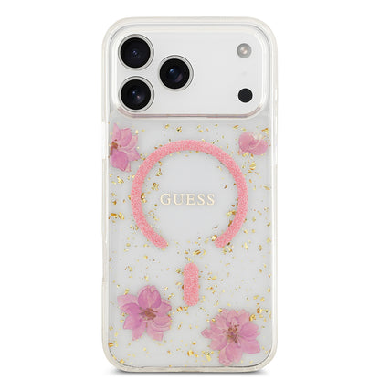 iPhone 17 Pro Max Kılıf Guess Orjinal Lisanslı M-safe Şarj Özellikli Transparan Resin Flowers Kapak