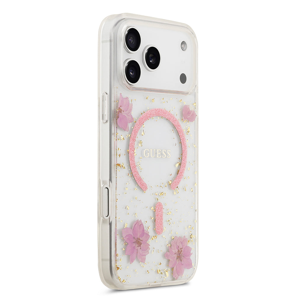 iPhone 17 Pro Max Kılıf Guess Orjinal Lisanslı M-safe Şarj Özellikli Transparan Resin Flowers Kapak