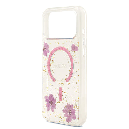 iPhone 17 Pro Max Kılıf Guess Orjinal Lisanslı M-safe Şarj Özellikli Transparan Resin Flowers Kapak