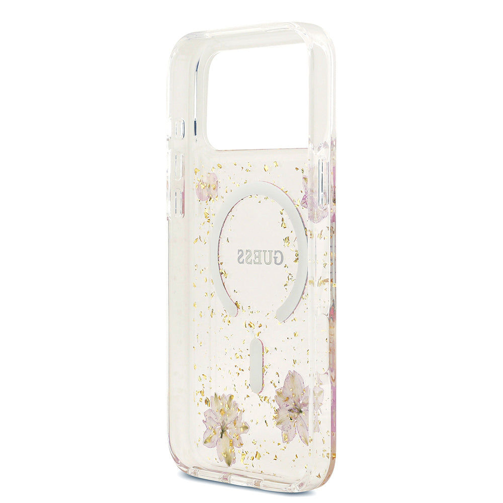 iPhone 17 Pro Max Kılıf Guess Orjinal Lisanslı M-safe Şarj Özellikli Transparan Resin Flowers Kapak