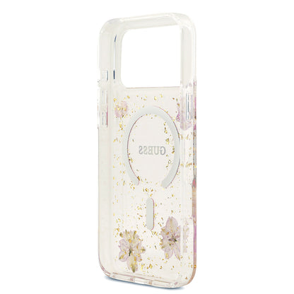 iPhone 17 Pro Max Kılıf Guess Orjinal Lisanslı M-safe Şarj Özellikli Transparan Resin Flowers Kapak