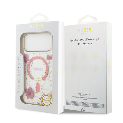 iPhone 17 Pro Max Kılıf Guess Orjinal Lisanslı M-safe Şarj Özellikli Transparan Resin Flowers Kapak