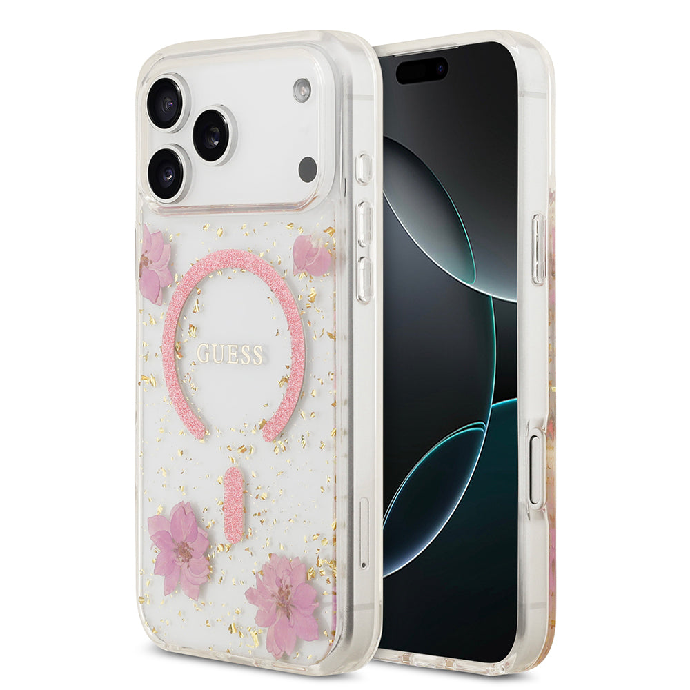 iPhone 17 Pro Max Kılıf Guess Orjinal Lisanslı M-safe Şarj Özellikli Transparan Resin Flowers Kapak