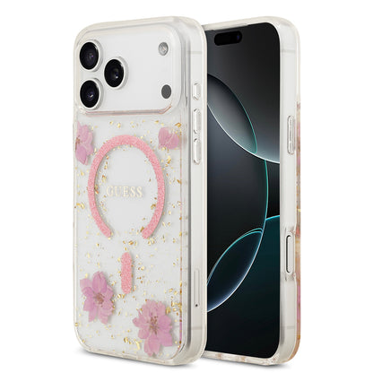 iPhone 17 Pro Max Kılıf Guess Orjinal Lisanslı M-safe Şarj Özellikli Transparan Resin Flowers Kapak