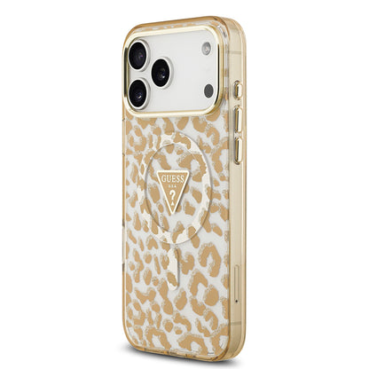 iPhone 17 Pro Max Kılıf Guess Orjinal Lisanslı M-safe Şarj Özellikli Üçgen Logolu Simli Leopar Desenli Kapak