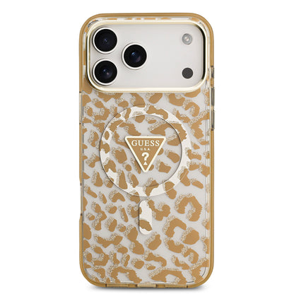 iPhone 17 Pro Max Kılıf Guess Orjinal Lisanslı M-safe Şarj Özellikli Üçgen Logolu Simli Leopar Desenli Kapak