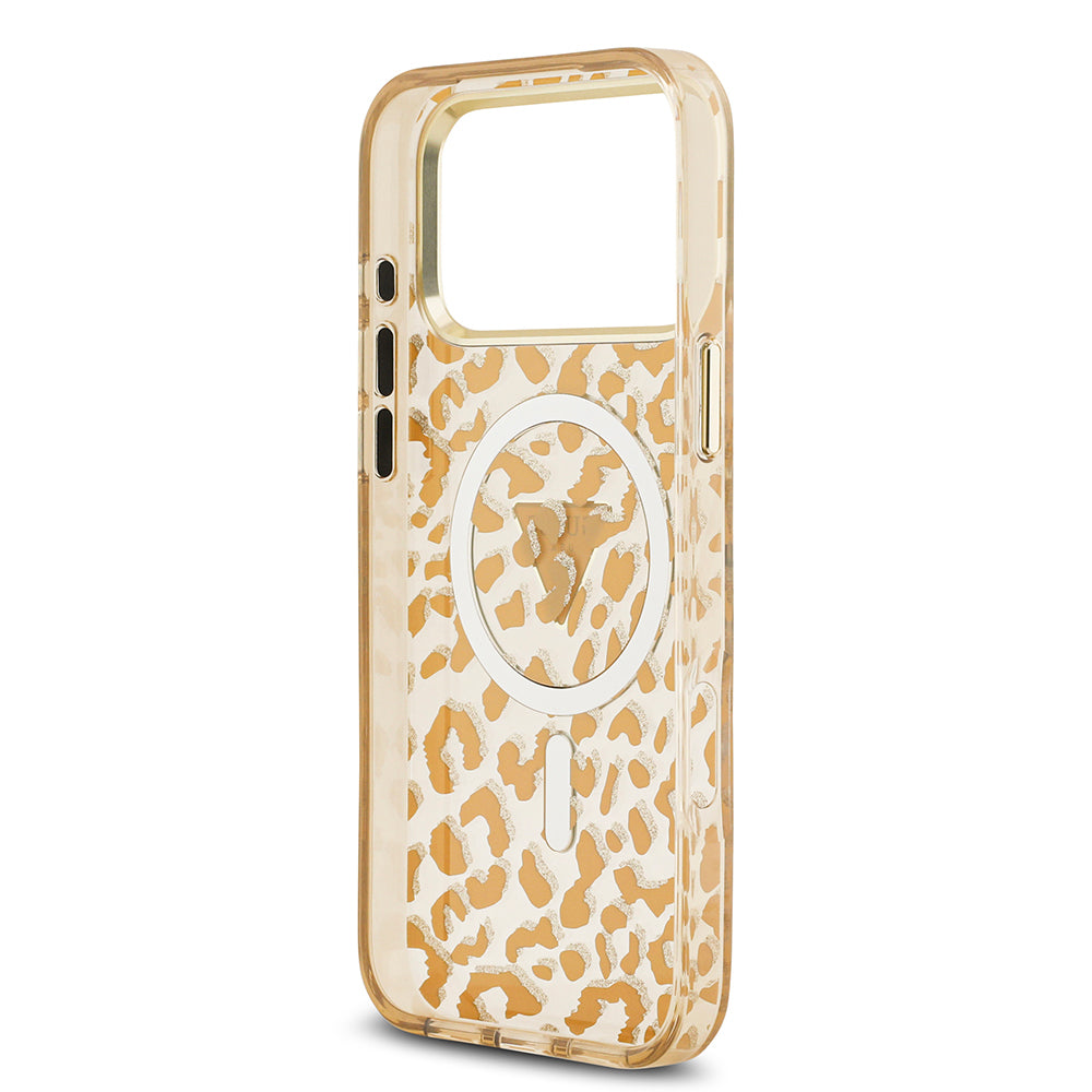 iPhone 17 Pro Max Kılıf Guess Orjinal Lisanslı M-safe Şarj Özellikli Üçgen Logolu Simli Leopar Desenli Kapak