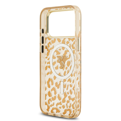 iPhone 17 Pro Max Kılıf Guess Orjinal Lisanslı M-safe Şarj Özellikli Üçgen Logolu Simli Leopar Desenli Kapak