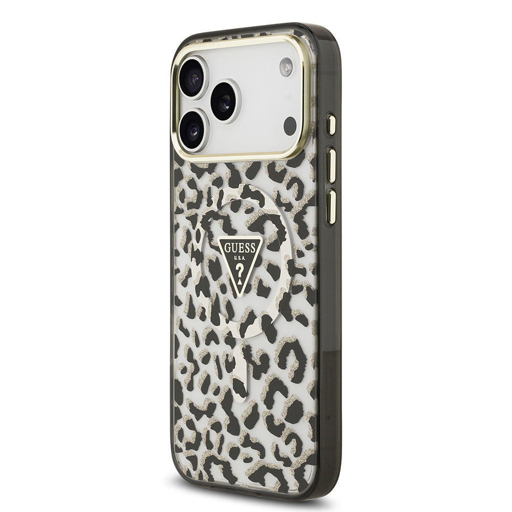iPhone 17 Pro Max Kılıf Guess Orjinal Lisanslı M-safe Şarj Özellikli Üçgen Logolu Simli Leopar Desenli Kapak