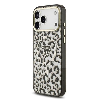 iPhone 17 Pro Max Kılıf Guess Orjinal Lisanslı M-safe Şarj Özellikli Üçgen Logolu Simli Leopar Desenli Kapak