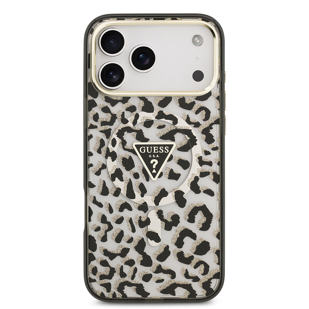 iPhone 17 Pro Max Kılıf Guess Orjinal Lisanslı M-safe Şarj Özellikli Üçgen Logolu Simli Leopar Desenli Kapak
