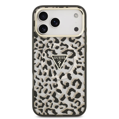 iPhone 17 Pro Max Kılıf Guess Orjinal Lisanslı M-safe Şarj Özellikli Üçgen Logolu Simli Leopar Desenli Kapak