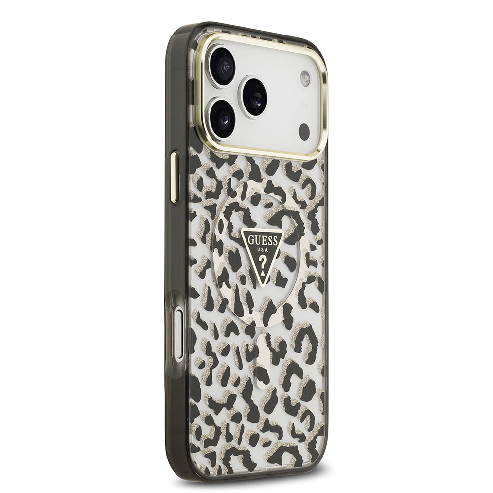 iPhone 17 Pro Max Kılıf Guess Orjinal Lisanslı M-safe Şarj Özellikli Üçgen Logolu Simli Leopar Desenli Kapak