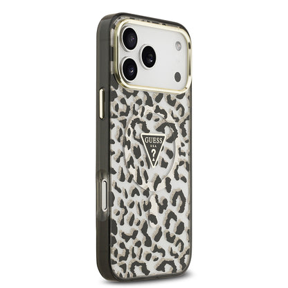 iPhone 17 Pro Max Kılıf Guess Orjinal Lisanslı M-safe Şarj Özellikli Üçgen Logolu Simli Leopar Desenli Kapak