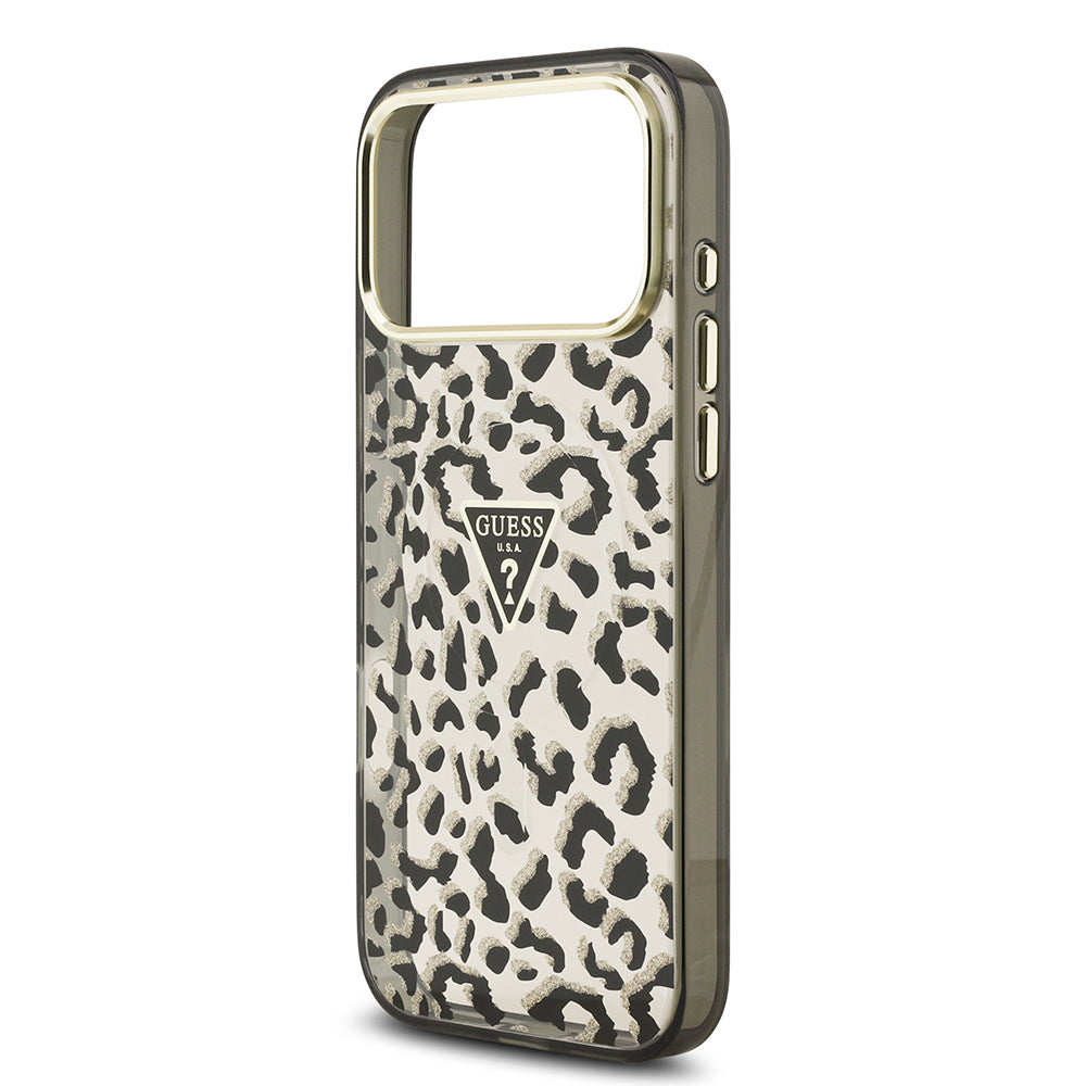 iPhone 17 Pro Max Kılıf Guess Orjinal Lisanslı M-safe Şarj Özellikli Üçgen Logolu Simli Leopar Desenli Kapak