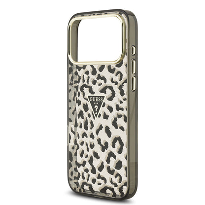 iPhone 17 Pro Max Kılıf Guess Orjinal Lisanslı M-safe Şarj Özellikli Üçgen Logolu Simli Leopar Desenli Kapak