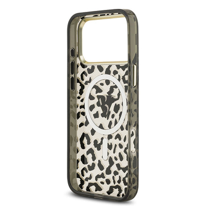 iPhone 17 Pro Max Kılıf Guess Orjinal Lisanslı M-safe Şarj Özellikli Üçgen Logolu Simli Leopar Desenli Kapak