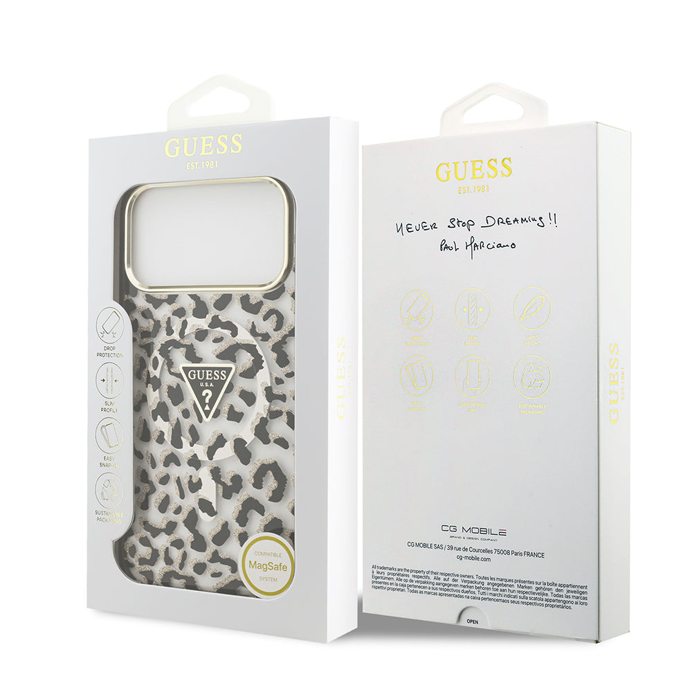 iPhone 17 Pro Max Kılıf Guess Orjinal Lisanslı M-safe Şarj Özellikli Üçgen Logolu Simli Leopar Desenli Kapak