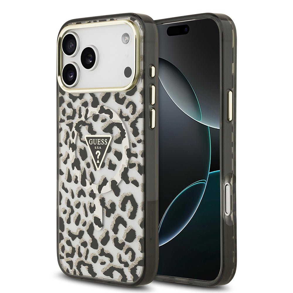 iPhone 17 Pro Max Kılıf Guess Orjinal Lisanslı M-safe Şarj Özellikli Üçgen Logolu Simli Leopar Desenli Kapak