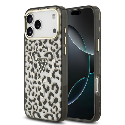iPhone 17 Pro Max Kılıf Guess Orjinal Lisanslı M-safe Şarj Özellikli Üçgen Logolu Simli Leopar Desenli Kapak