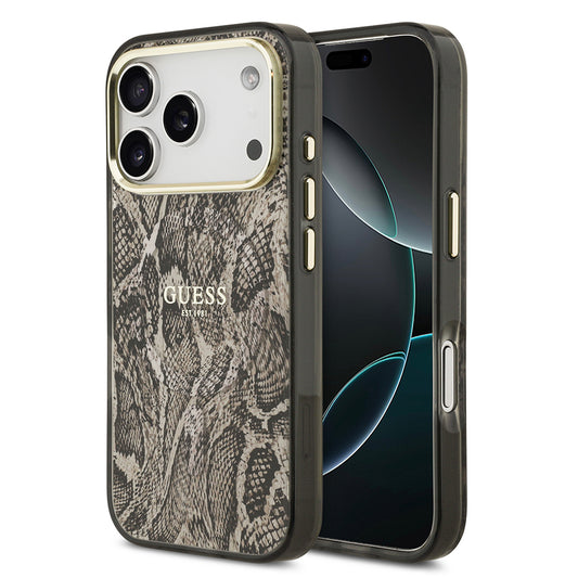 iPhone 17 Pro Max Kılıf Guess Orjinal Lisanslı M-safe Şarj Özellikli Yazı Logolu Python Desenli Kapak