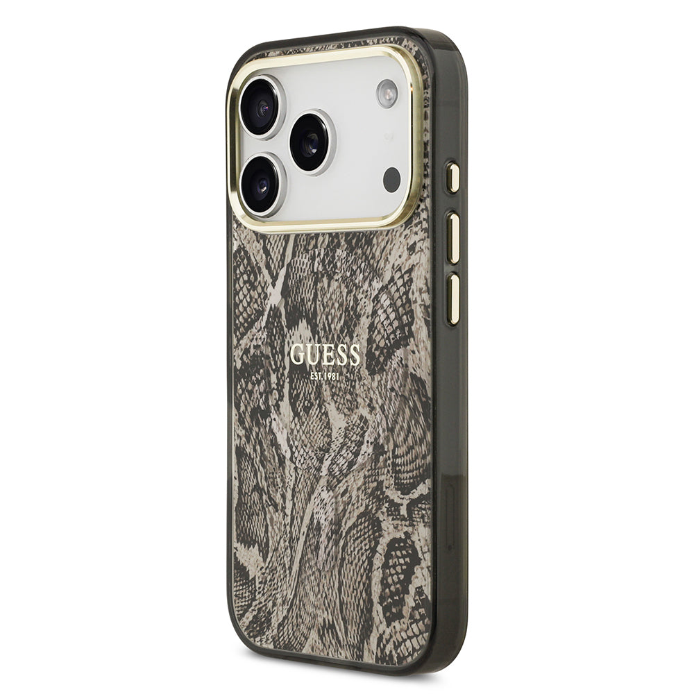 iPhone 17 Pro Max Kılıf Guess Orjinal Lisanslı M-safe Şarj Özellikli Yazı Logolu Python Desenli Kapak