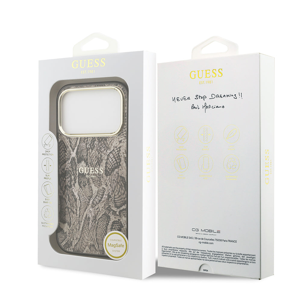 iPhone 17 Pro Max Kılıf Guess Orjinal Lisanslı M-safe Şarj Özellikli Yazı Logolu Python Desenli Kapak