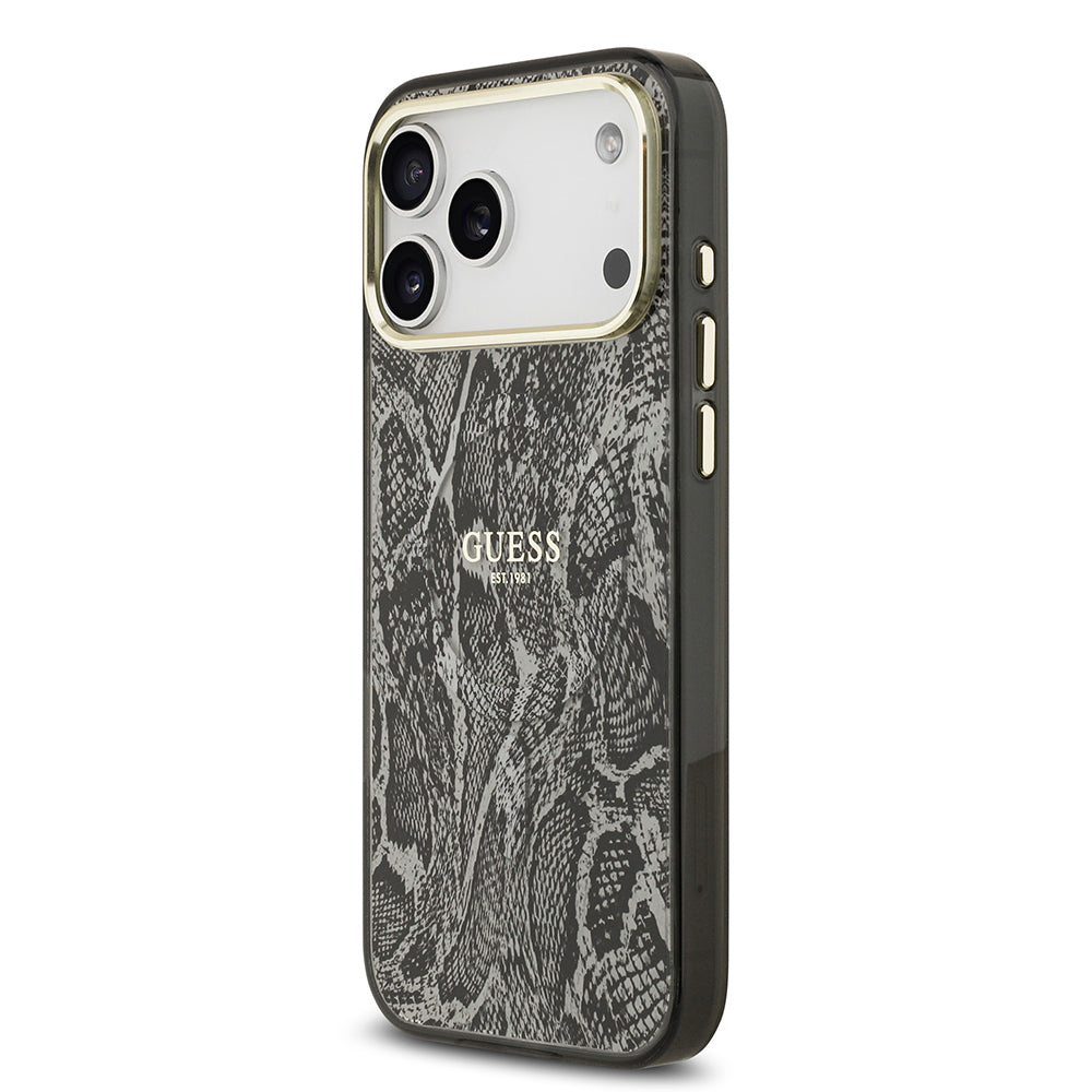 iPhone 17 Pro Max Kılıf Guess Orjinal Lisanslı M-safe Şarj Özellikli Yazı Logolu Python Desenli Kapak