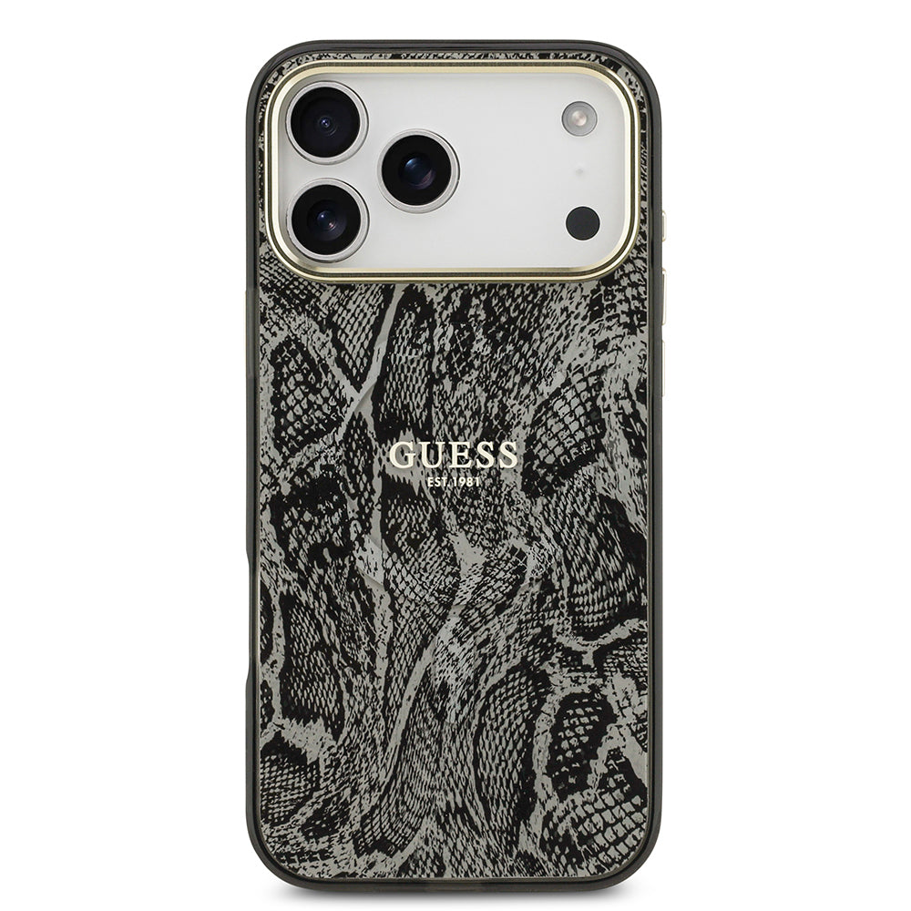 iPhone 17 Pro Max Kılıf Guess Orjinal Lisanslı M-safe Şarj Özellikli Yazı Logolu Python Desenli Kapak
