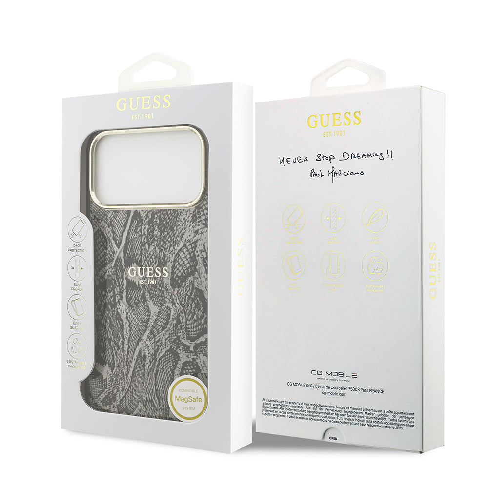 iPhone 17 Pro Max Kılıf Guess Orjinal Lisanslı M-safe Şarj Özellikli Yazı Logolu Python Desenli Kapak