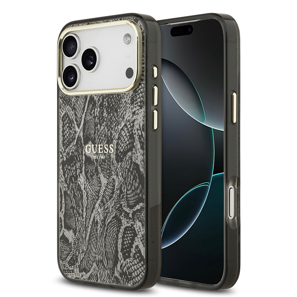 iPhone 17 Pro Max Kılıf Guess Orjinal Lisanslı M-safe Şarj Özellikli Yazı Logolu Python Desenli Kapak