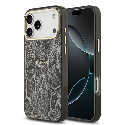 iPhone 17 Pro Max Kılıf Guess Orjinal Lisanslı M-safe Şarj Özellikli Yazı Logolu Python Desenli Kapak