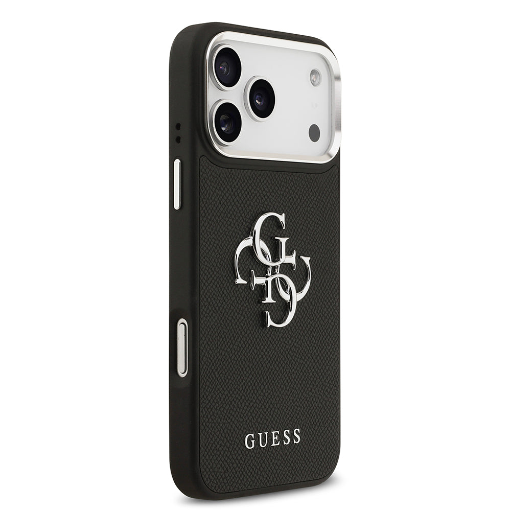 iPhone 17 Pro Max Kılıf Guess Orjinal Lisanslı Metal Kamera Çerçeveli Metal Büyük 4G ve Yazı Logolu PU Deri Kapak