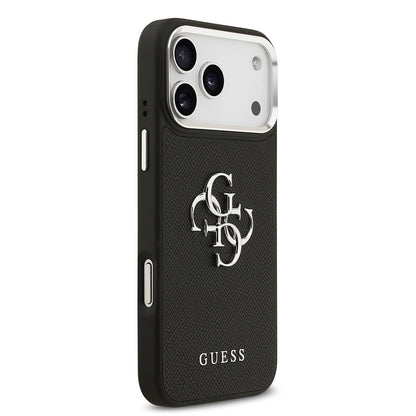 iPhone 17 Pro Max Kılıf Guess Orjinal Lisanslı Metal Kamera Çerçeveli Metal Büyük 4G ve Yazı Logolu PU Deri Kapak