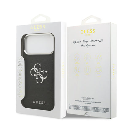 iPhone 17 Pro Max Kılıf Guess Orjinal Lisanslı Metal Kamera Çerçeveli Metal Büyük 4G ve Yazı Logolu PU Deri Kapak