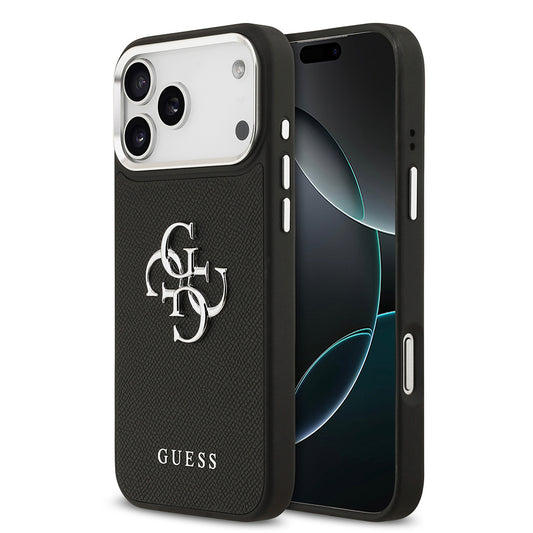iPhone 17 Pro Max Kılıf Guess Orjinal Lisanslı Metal Kamera Çerçeveli Metal Büyük 4G ve Yazı Logolu PU Deri Kapak