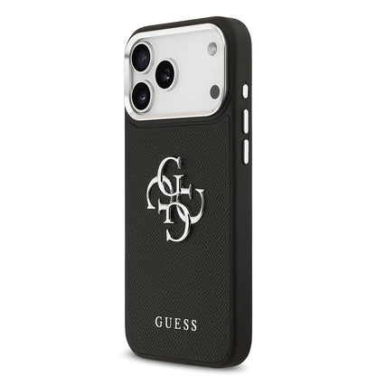 iPhone 17 Pro Max Kılıf Guess Orjinal Lisanslı Metal Kamera Çerçeveli Metal Büyük 4G ve Yazı Logolu PU Deri Kapak