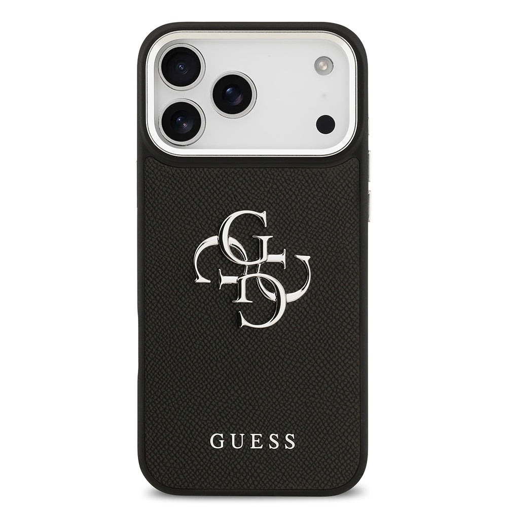 iPhone 17 Pro Max Kılıf Guess Orjinal Lisanslı Metal Kamera Çerçeveli Metal Büyük 4G ve Yazı Logolu PU Deri Kapak