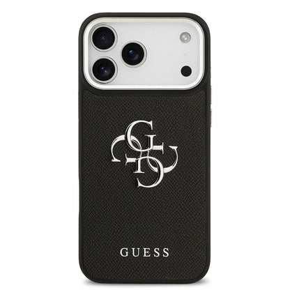 iPhone 17 Pro Max Kılıf Guess Orjinal Lisanslı Metal Kamera Çerçeveli Metal Büyük 4G ve Yazı Logolu PU Deri Kapak