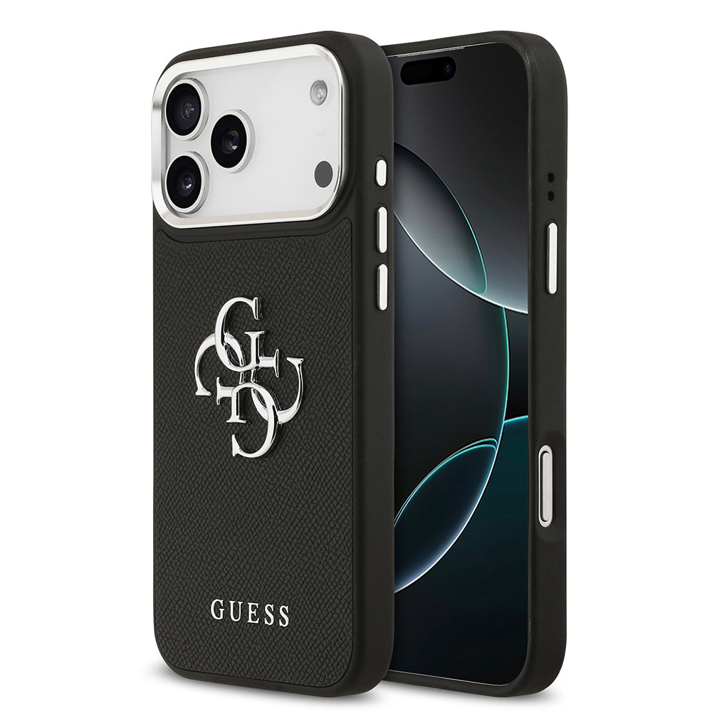 iPhone 17 Pro Max Kılıf Guess Orjinal Lisanslı Metal Kamera Çerçeveli Metal Büyük 4G ve Yazı Logolu PU Deri Kapak
