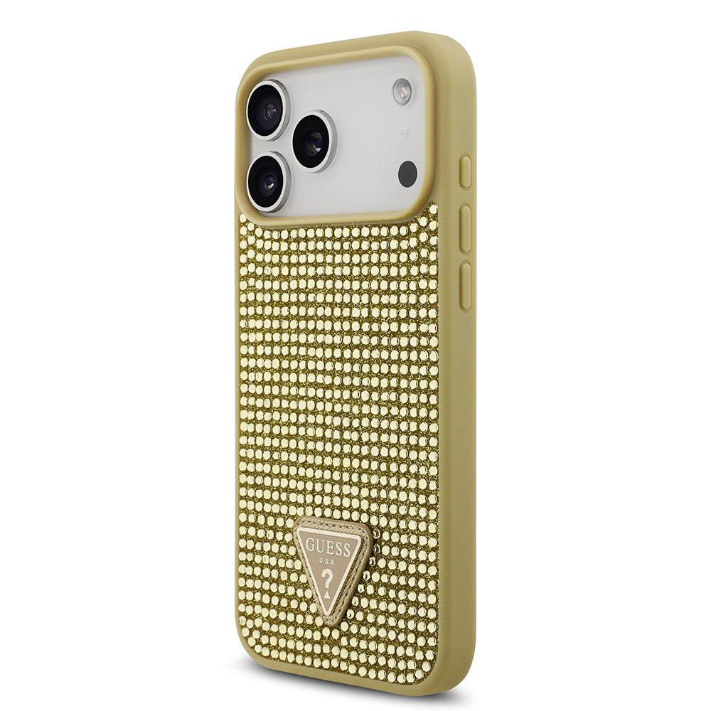 iPhone 17 Pro Max Kılıf Guess Orjinal Lisanslı Taşlı Arka Yüzey Üçgen Logolu Kapak