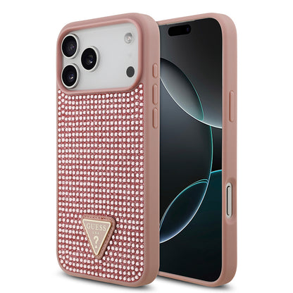 iPhone 17 Pro Max Kılıf Guess Orjinal Lisanslı Taşlı Arka Yüzey Üçgen Logolu Kapak