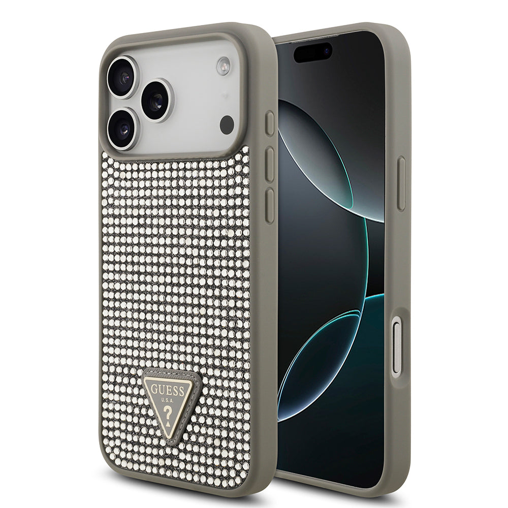 iPhone 17 Pro Max Kılıf Guess Orjinal Lisanslı Taşlı Arka Yüzey Üçgen Logolu Kapak
