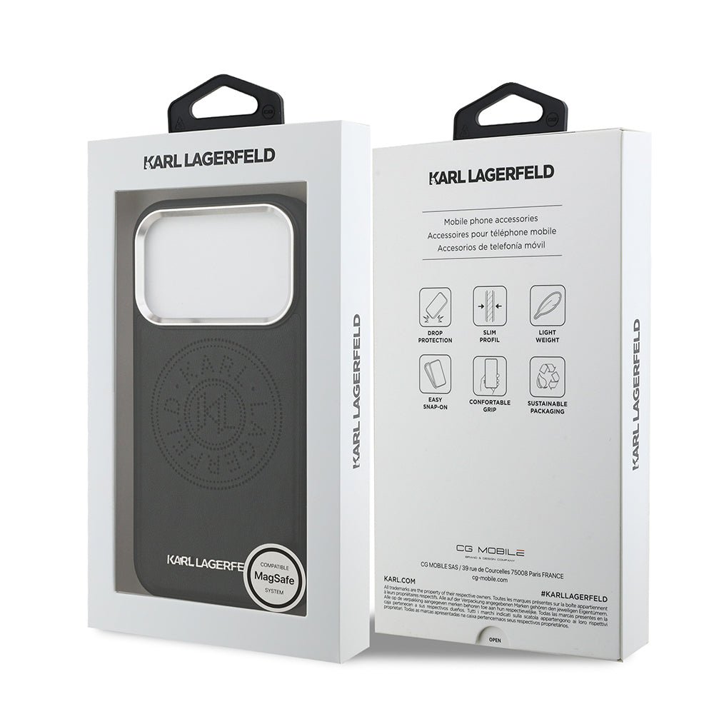 iPhone 17 Pro Max Kılıf Karl Lagerfeld Orjinal Lisanslı M-safe Şarj Özellikli Delikli Tasarım Metal Logolu PU Deri Kapak