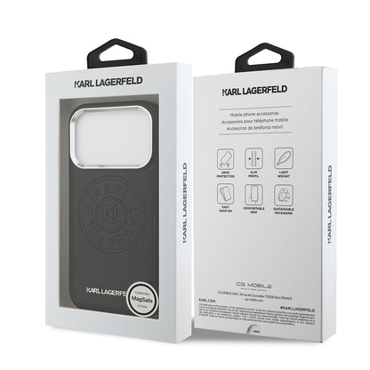 iPhone 17 Pro Max Kılıf Karl Lagerfeld Orjinal Lisanslı M-safe Şarj Özellikli Delikli Tasarım Metal Logolu PU Deri Kapak