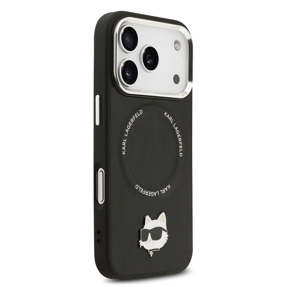 iPhone 17 Pro Max Kılıf Karl Lagerfeld Orjinal Lisanslı M-safe Şarj Özellikli Metal Kamera ve Buton Tasarımlı Choupette PU Deri Kapak