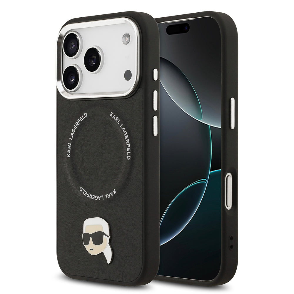 iPhone 17 Pro Max Kılıf Karl Lagerfeld Orjinal Lisanslı M-safe Şarj Özellikli Metal Kamera ve Buton Tasarımlı Karl PU Deri Kapak