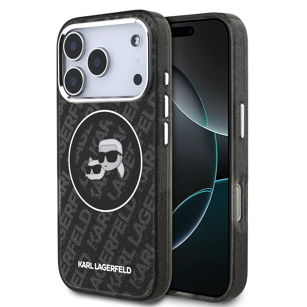 iPhone 17 Pro Max Kılıf Karl Lagerfeld Orjinal Lisanslı Parlayan Simli Karl & Choupette Heads Kapak