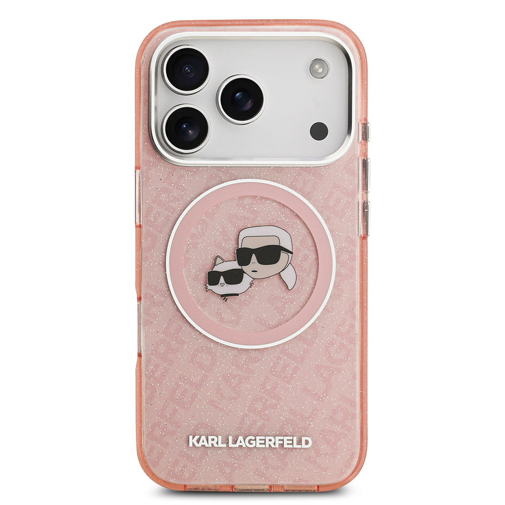 iPhone 17 Pro Max Kılıf Karl Lagerfeld Orjinal Lisanslı Parlayan Simli Karl & Choupette Heads Kapak