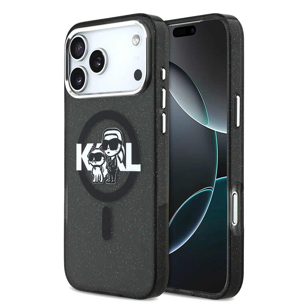iPhone 17 Pro Max Kılıf Karl Lagerfeld Orjinal Lisanslı Parlayan Simli Karl & Choupette Sketch Logo Kapak